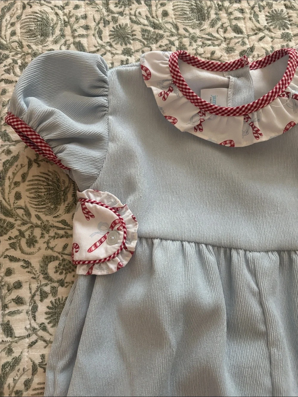 Soft Light Blue Girls' Romper with Red-Trim Accents